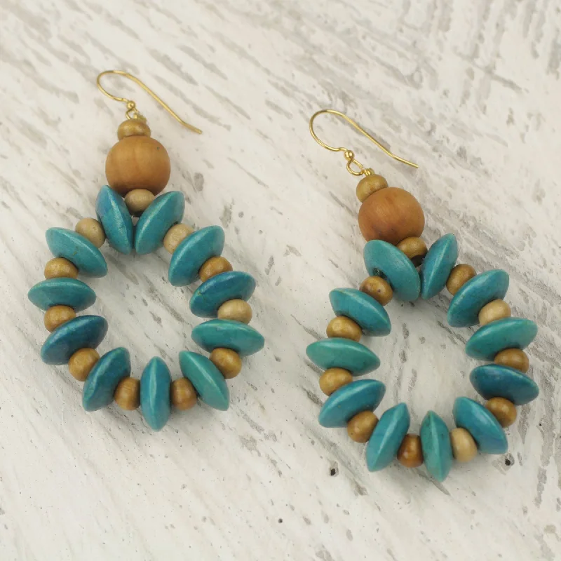 silver earrings for sensitive ears -Bloom in Turquoise Artisan Crafted Beaded Wood Dangle Earrings from Ghana