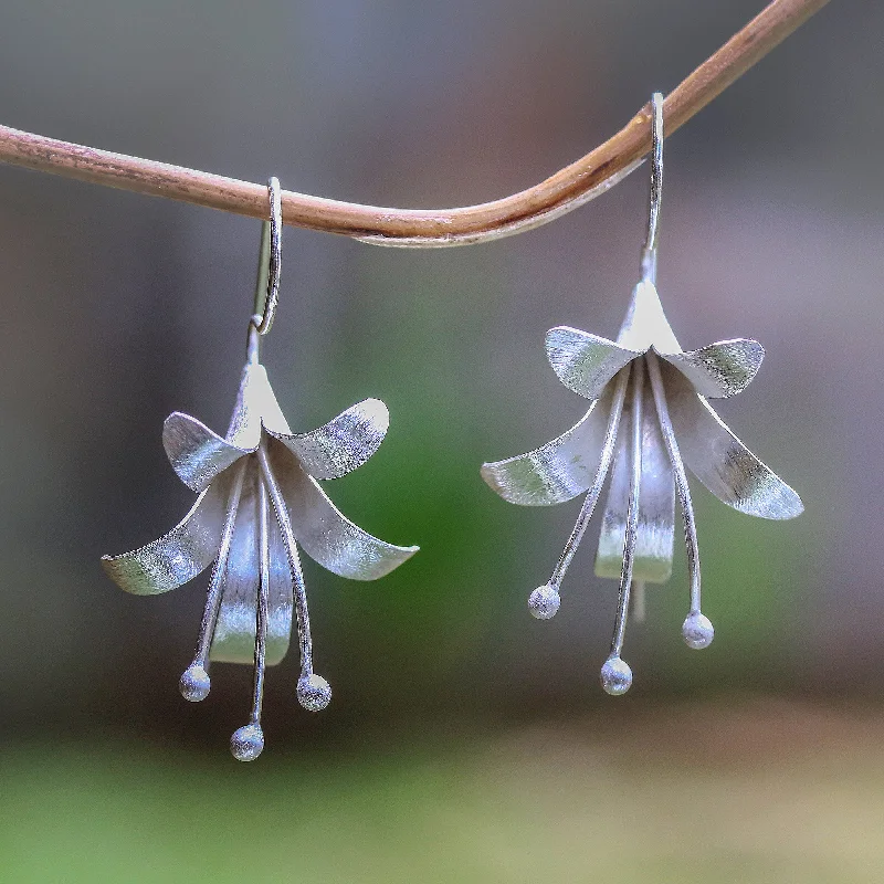 angel wing earrings for women -Bloom Time Handcrafted Floral Sterling Silver Drop Earrings from Bali