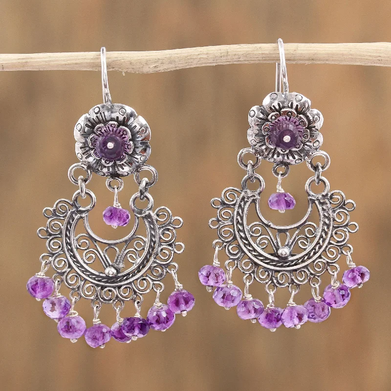 hoop earrings for everyday wear -Blooming Elegance Amethyst Silver Chandelier Earrings