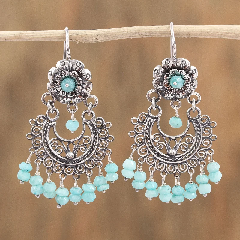 luxury earrings for formal events -Blooming Elegance Floral Amazonite Chandelier Earrings from Mexico