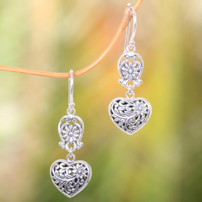 statement earrings for casual wear -Blooming Hearts Heart-Shaped Sterling Silver Dangle Earrings from Bali