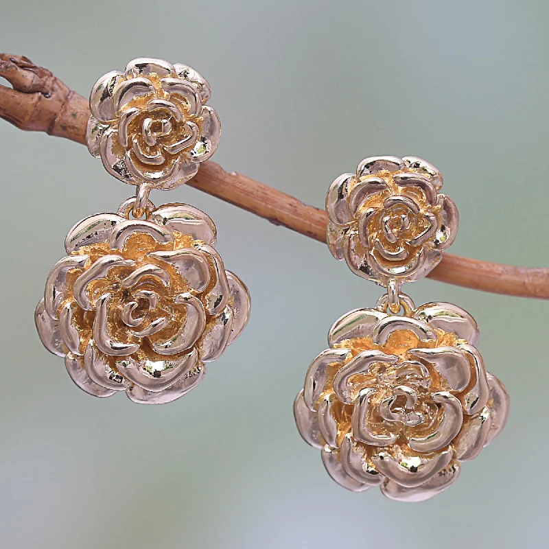 elegant drop earrings for weddings -Blooming Rose 18k Gold Plated Sterling Silver Rose Dangle Earrings