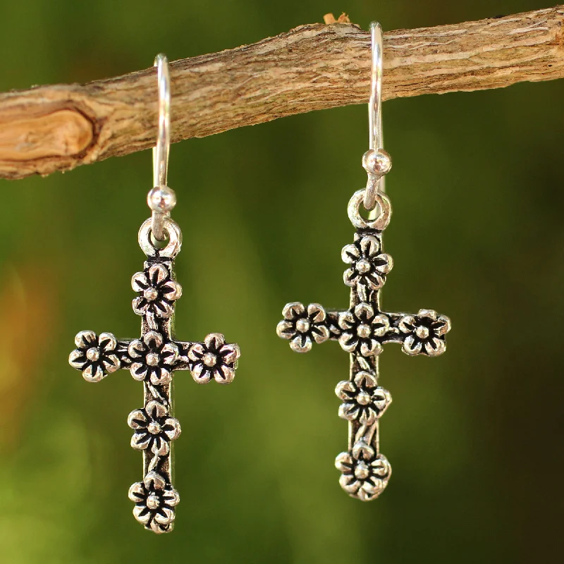 delicate gold earrings for women -Blooms & Crosses Sterling Silver Earrings