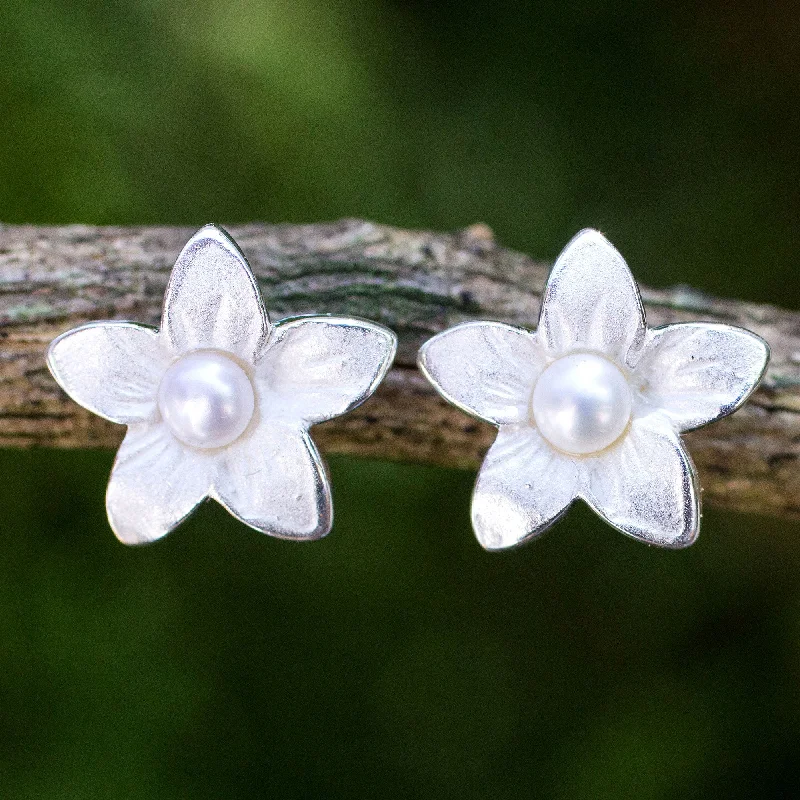 gold and silver earrings for women -Blossom Pearl Silver Flower Button Earrings