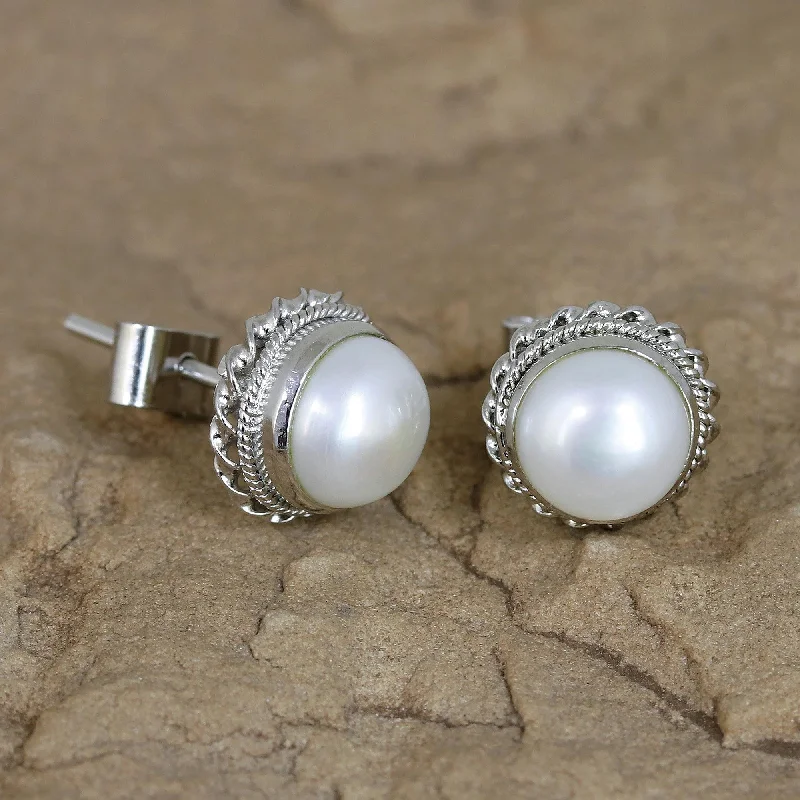 geometric drop earrings for women -Blossoming Purity Cultured Pearl Earrings in Sterling Silver from India