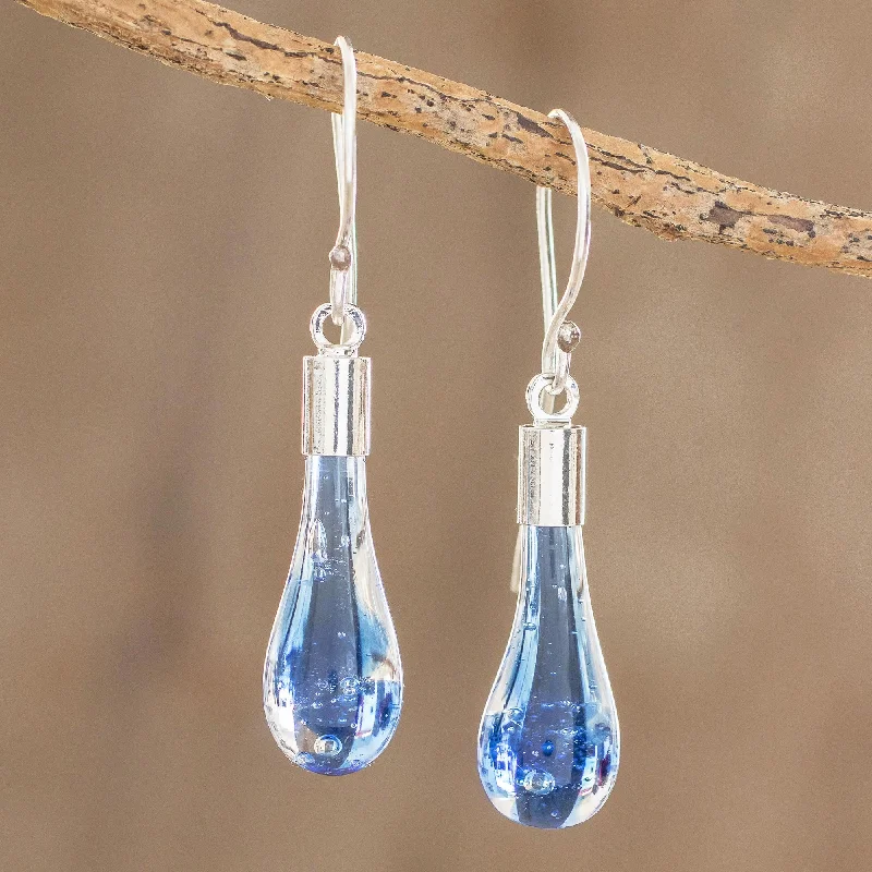 minimalist silver earrings for women -Blue Bay Handcrafted Art Glass Dangle Earrings from Costa Rica