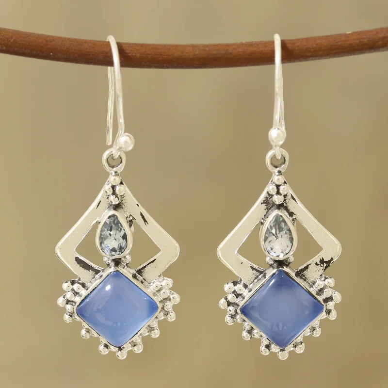 luxury pearl earrings for brides -Blue Creativity Chalcedony and Blue Topaz Dangle Earrings from India