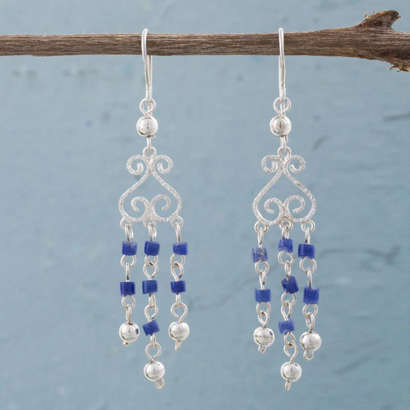 dainty earrings for women -Blue Curls Sodalite and Sterling Silver Chandelier Earrings from Peru