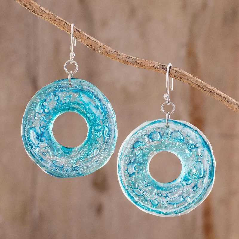 casual earrings for everyday wear -Blue Donuts Circular Recycled CD Dangle Earrings from Guatemala