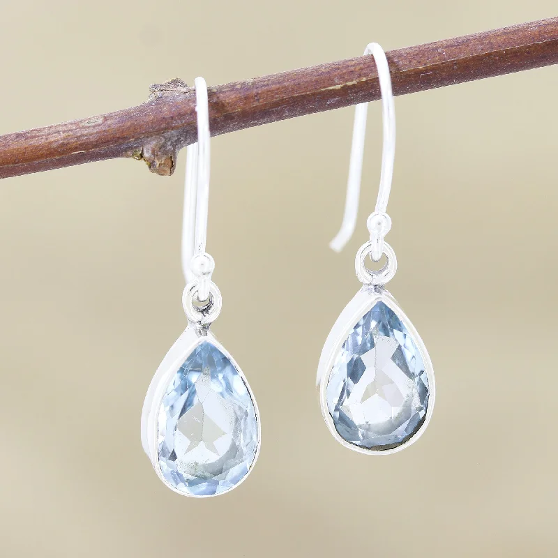 holiday earrings for festive seasons -Blue Droplets Teardrop Faceted Blue Topaz Silver Dangle Earrings