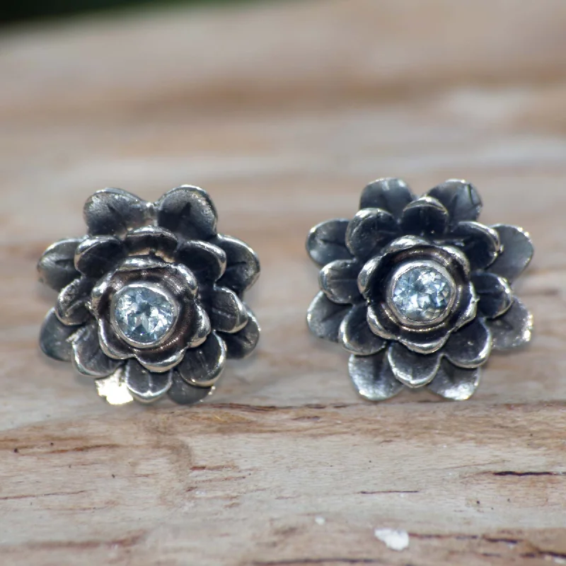 chunky earrings for women -Blue-Eyed Lotus Sterling Silver and Blue Topaz Button Earrings