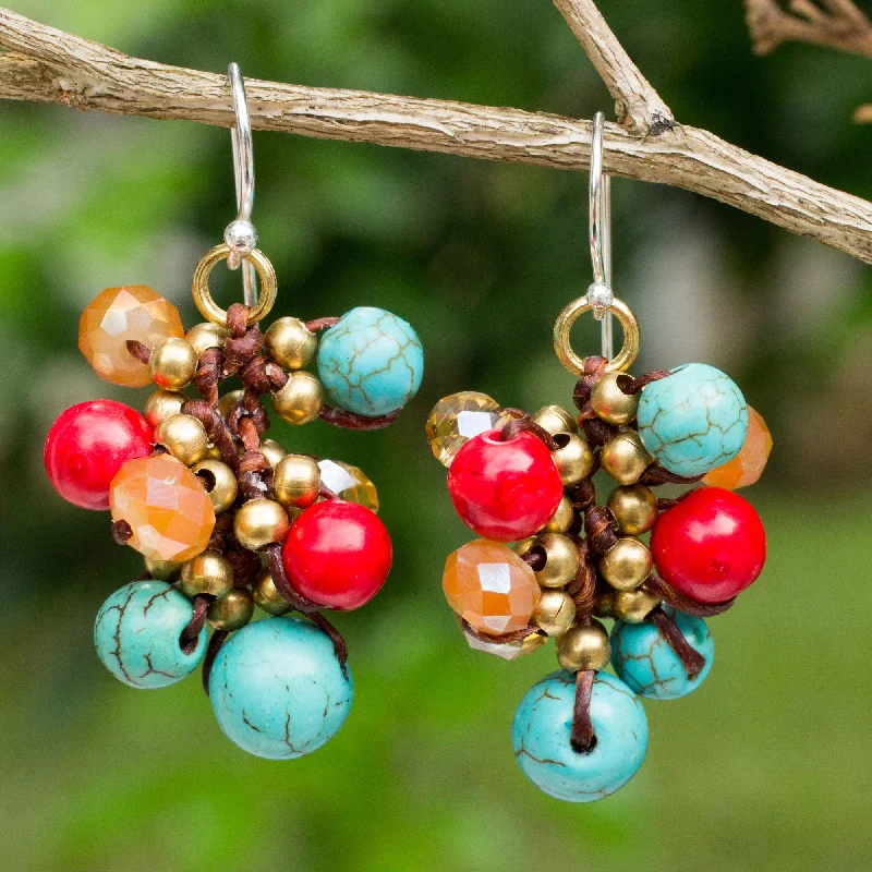 modern earrings for women -Blue Fire Cattlelaya Blue and Red Gemstone Clusters on Hand Knotted Earrings