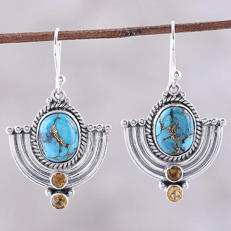 sparkly earrings for evening events -Blue Flame Citrine and Blue Composite Turquoise Dangle Earrings