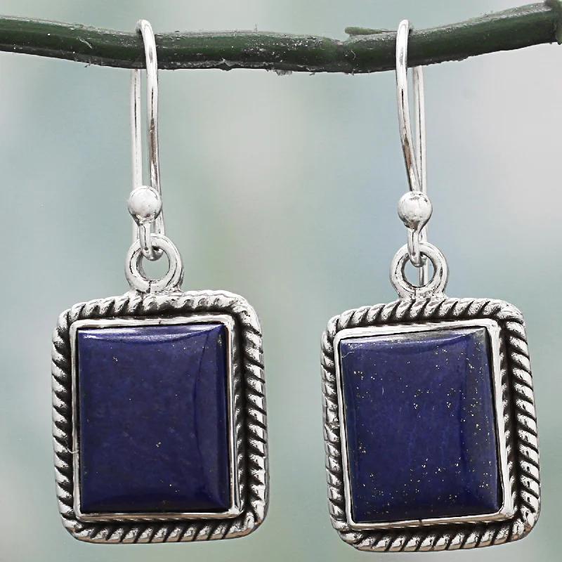 simple stud earrings for girls -Blue Frame Lapis Lazuli Sterling Silver Rectangle Dangle Earrings