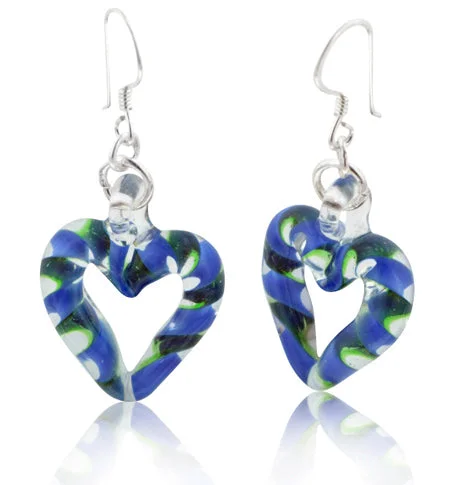 flower-shaped earrings for brides -Blue and Green Twisted Glass Open Heart Sterling Silver Earrings