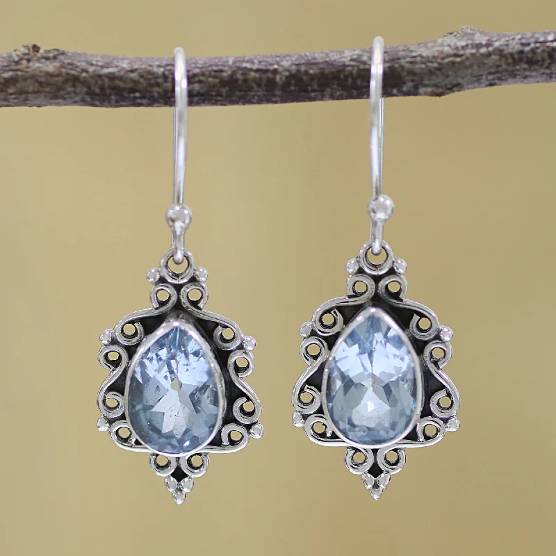 dangle earrings for weddings -Blue Intricacy Sterling Silver and Blue Topaz Dangle Earrings from India