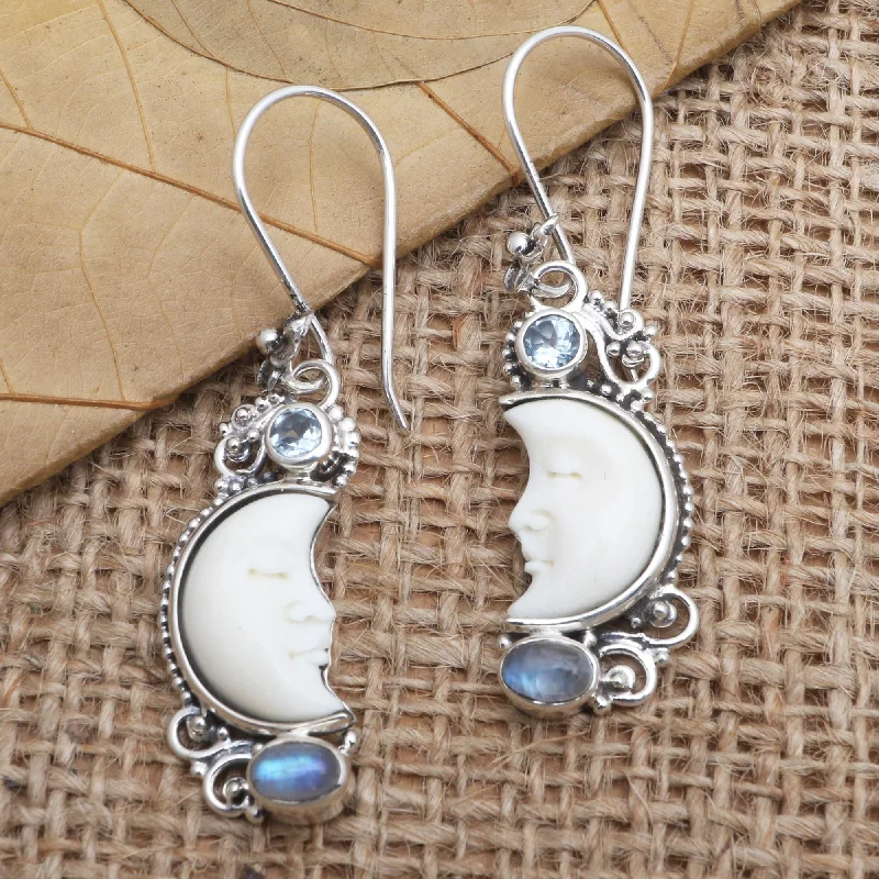 crystal earrings for special occasions -Blue Light Hand Crafted Blue Topaz and Rainbow Moonstone Earrings