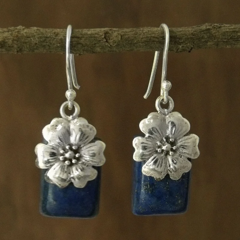 boho style earrings for women -Blue Lily Fair Trade Floral Sterling Silver and Lapis Lazuli Earrings