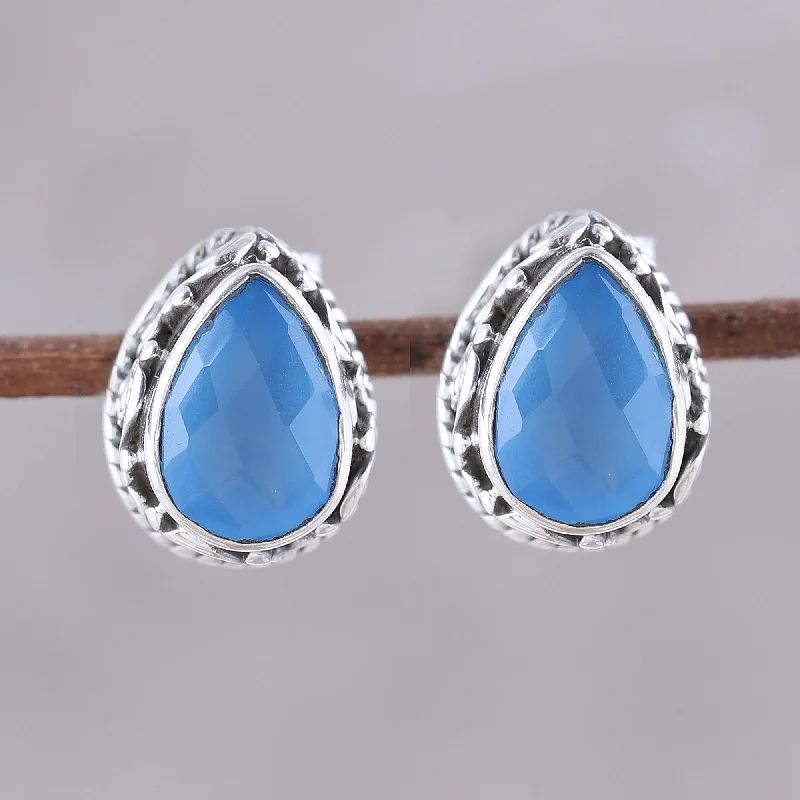 diamond drop earrings for formal events -Blue Mist Blue Chalcedony Teardrop Stud Earrings from India