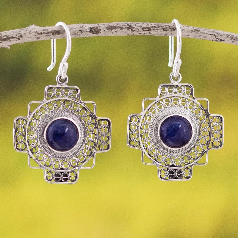 gold dangling earrings for women -Blue Mountain Chakana Sodalite Chakana Cross Filigree Dangle Earrings from Peru