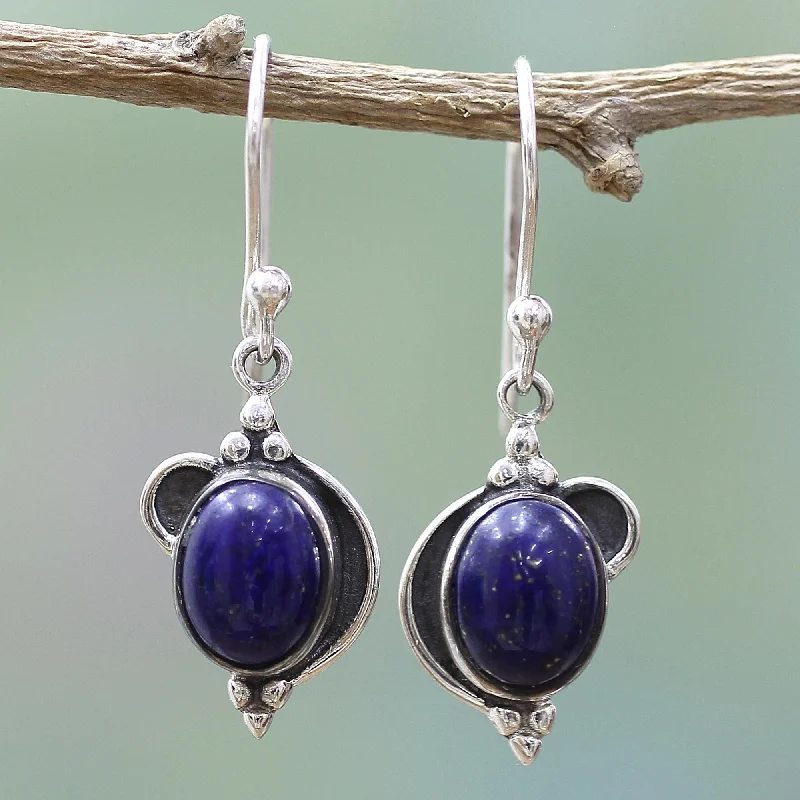 sterling silver drop earrings for women -Blue Ovals Lapis Lazuli Silver Dangle Earrings