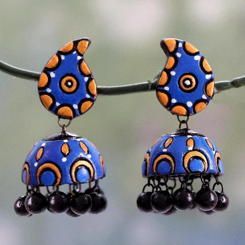 vintage style earrings for weddings -Blue Paisley Handmade Ceramic Dangle Earrings in Blue and Orange