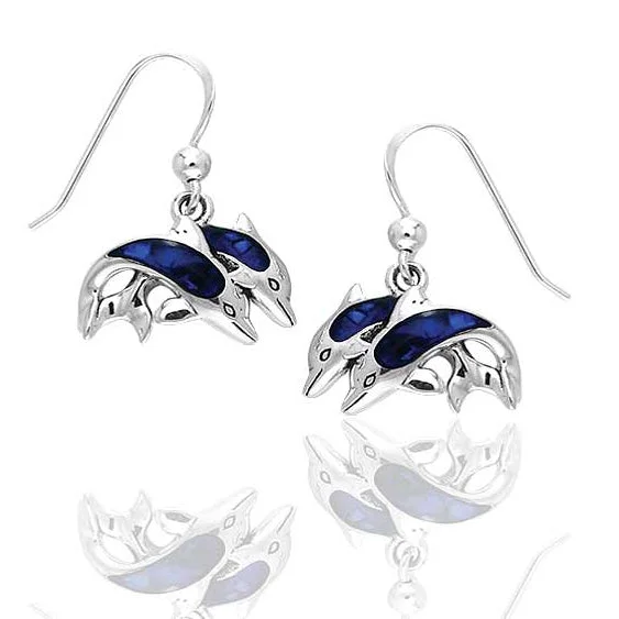 creative earrings for fashion lovers -Blue Paua Shell Double Diving Dolphin Sterling Silver Hook Earrings