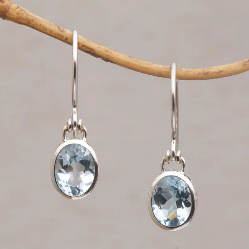 geometric earrings for women -Blue Paws Blue Topaz and Sterling Silver Paw Print Dangle Earrings