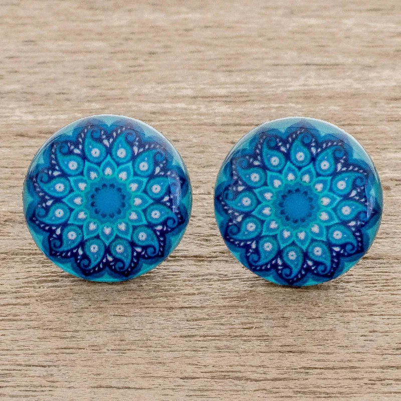 classic hoop earrings for women -Blue Rivers Resin and Paper Stud Earrings in Blue from Costa Rica