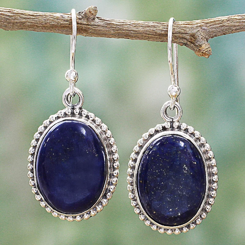 elegant pearl earrings for formal events -Blue Royalty Lapis Lazuli Dangle Earrings with Gold Colored Flecks