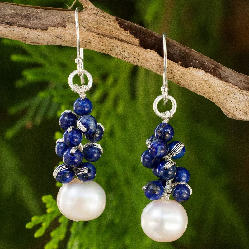 silver heart earrings for women -Blue Sonata Lapis Lazuli Pearl & Silver Plated Earrings