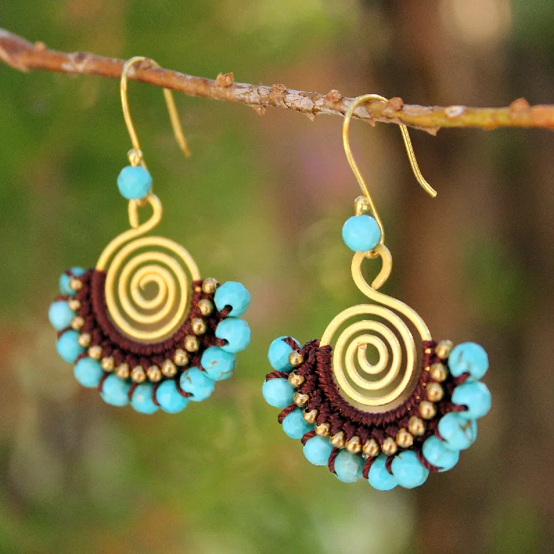 flower earrings for girls -Blue Spiral Gold Plated Brass Dangle Earrings