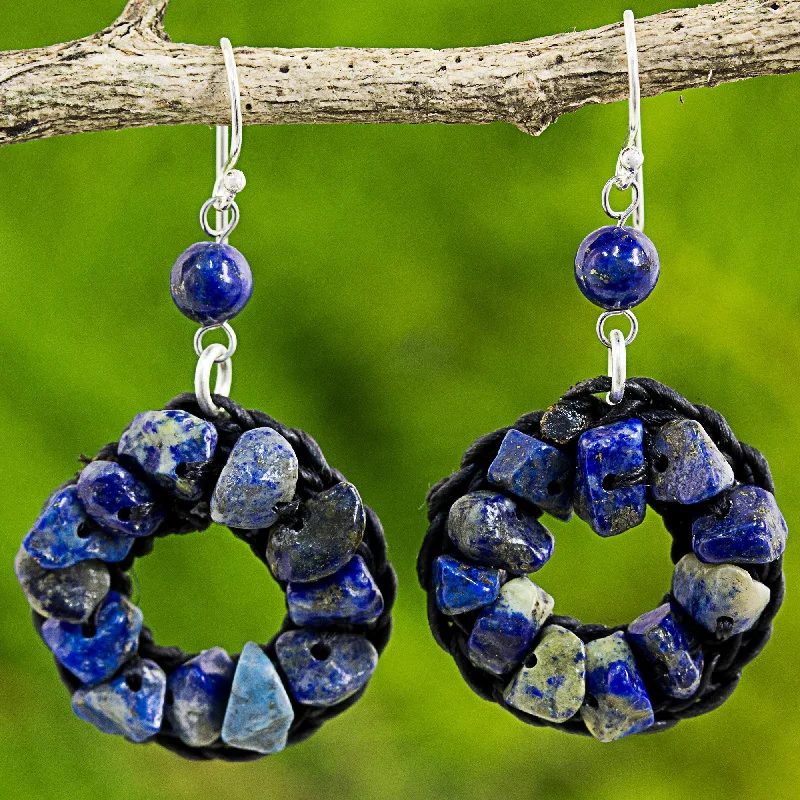 oversized earrings for fashion lovers -Blue Summer Lapis Lazuli Wreath Dangle Earrings Handmade in Thailand