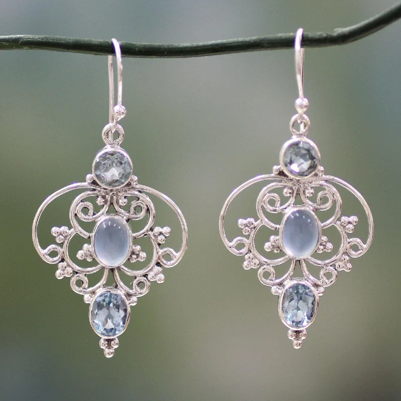 initial earrings for women -Blue Topaz Arabesque Earrings