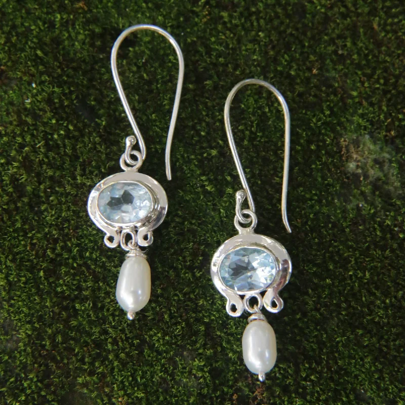 clip-on earrings for sensitive ears -Blue Topaz & Pearl Drop Earrings