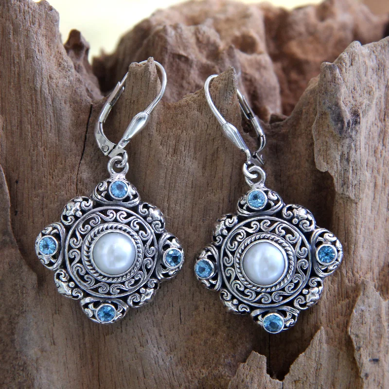 tassel earrings for summer -Blue Topaz & Pearl Earrings