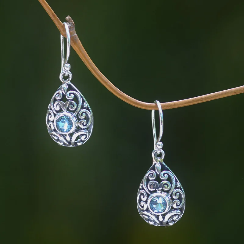 large statement earrings for parties -Blue Topaz & Silver Balinese Scarab Earrings