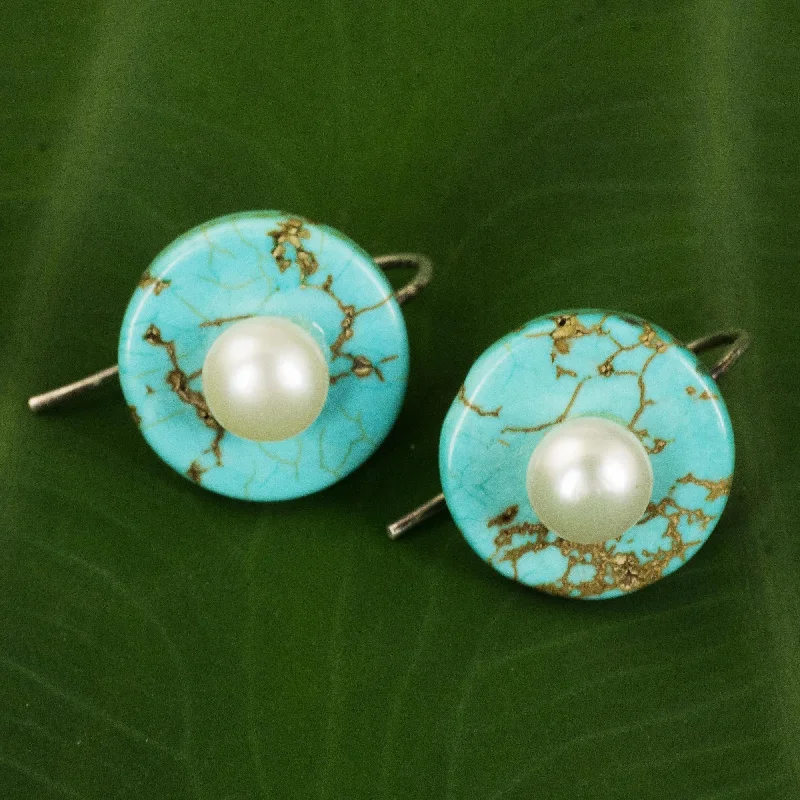 crystal stud earrings for bridesmaids -Bohemian Moon Turquoise Color Calcite Earrings with Cultured Pearls