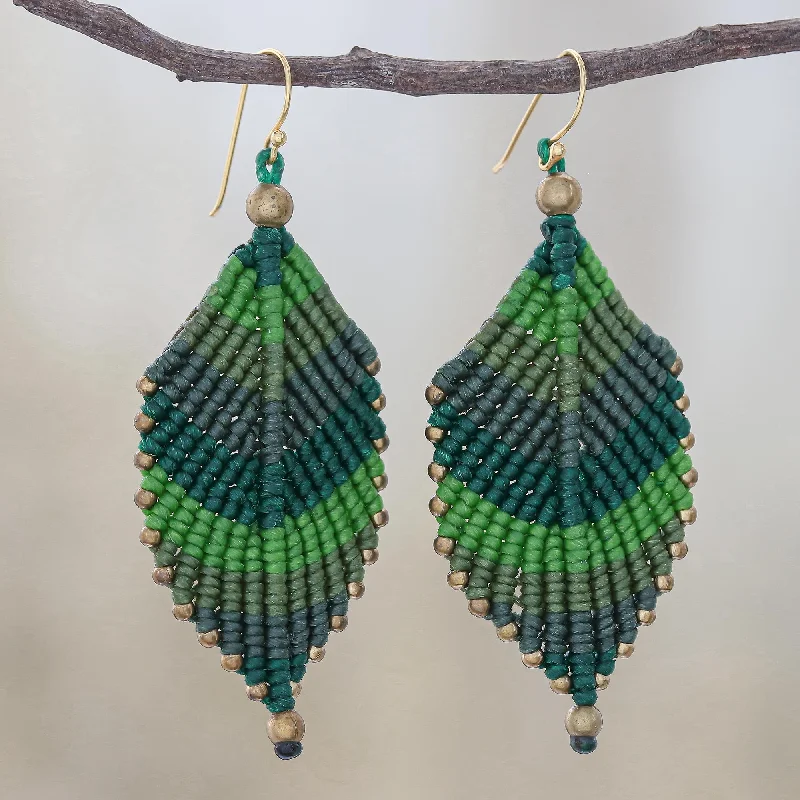 stylish ear cuffs for women -Boho Leaves in Green Green Leaf Waxed Cord Macrame Dangle Earrings