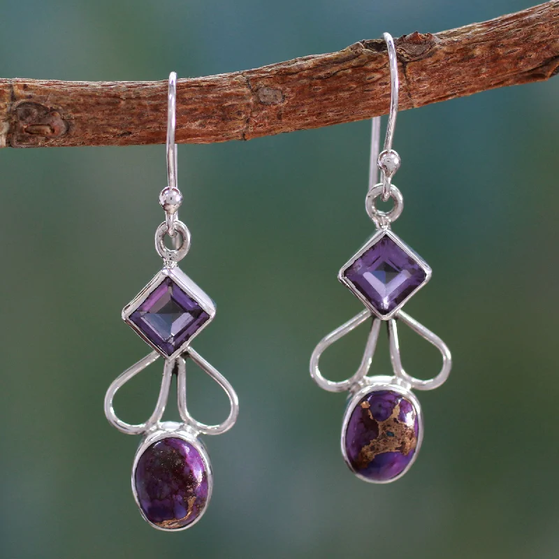 elegant drop earrings for weddings -Bollywood Purple Amethyst Comp Turquoise and Silver Artisan Crafted Earrings