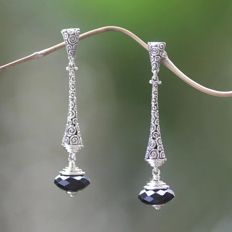 minimalist silver earrings for women -Borobudur Chimes 2.5-inch Long Sterling Silver Earrings with Onyx from Bali