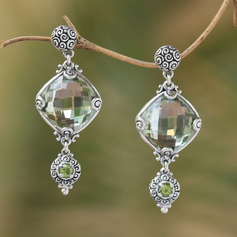 gold teardrop earrings for special occasions -Borobudur Glimmer Silver 925 Prasiolite and Peridot Dangle Earrings from Bali