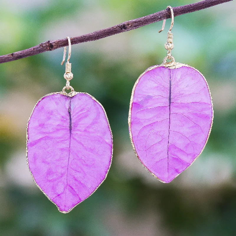 sparkly earrings for evening events -Bougainvillea Love in Purple Gold Accented Natural Flower Dangle Earrings in Purple