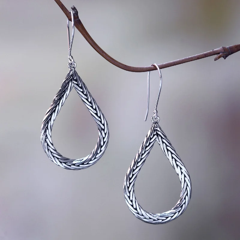 gold hoop earrings for women -Braided Teardrop Modern Artisan Crafted Bali Sterling Silver Earrings