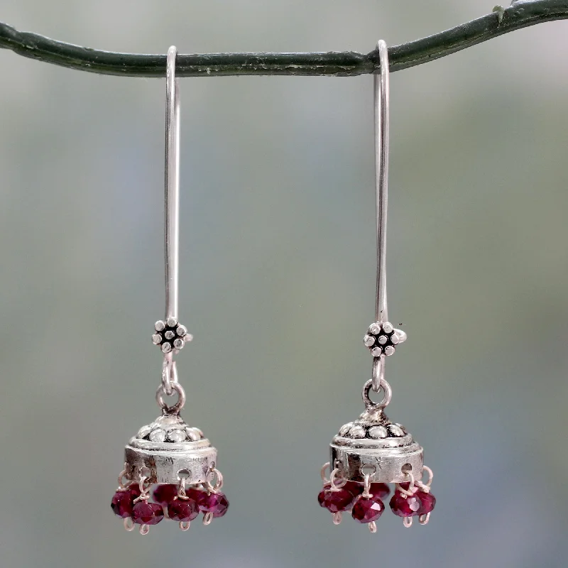 small stud earrings for girls -Bride of India Sterling Silver and Garnet Jhumki Earrings from India