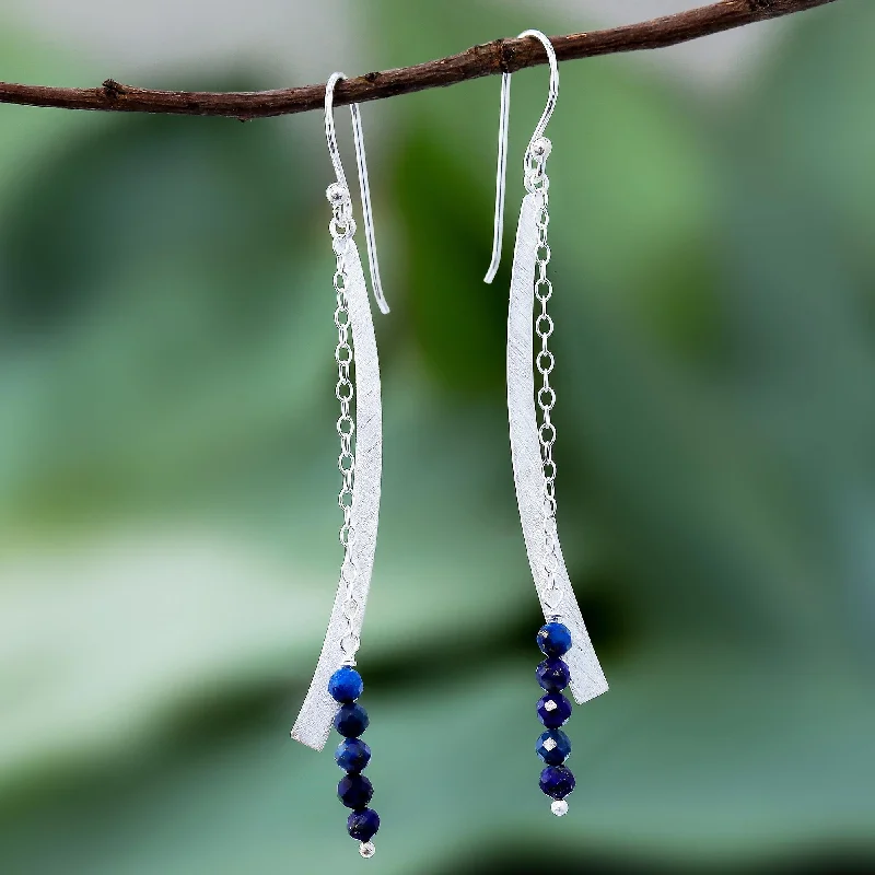 gold teardrop earrings for weddings -Bright Curve Modern Lapis Lazuli Beaded Dangle Earrings from Thailand