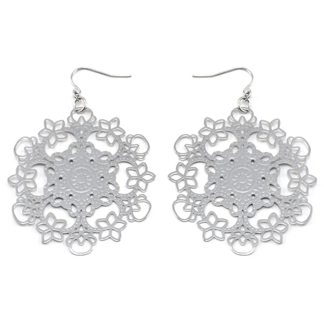 opal earrings for women -Bright Radiant Filigree Snowflake Metal Disc Hook Earrings