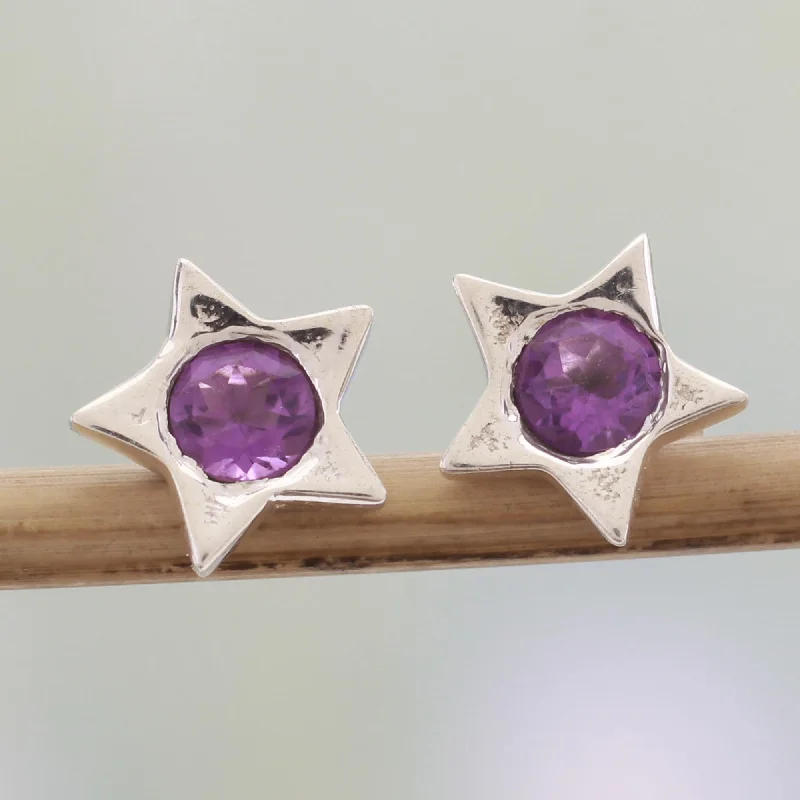 clip-on earrings for sensitive ears -Bright Star Star Shaped Amethyst and Sterling Silver Stud Earrings