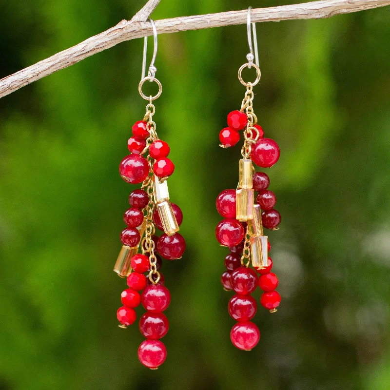 gold plated earrings for weddings -Brilliant Cascade Beaded Red Quartz Earrings on 24k Gold Plated Chains