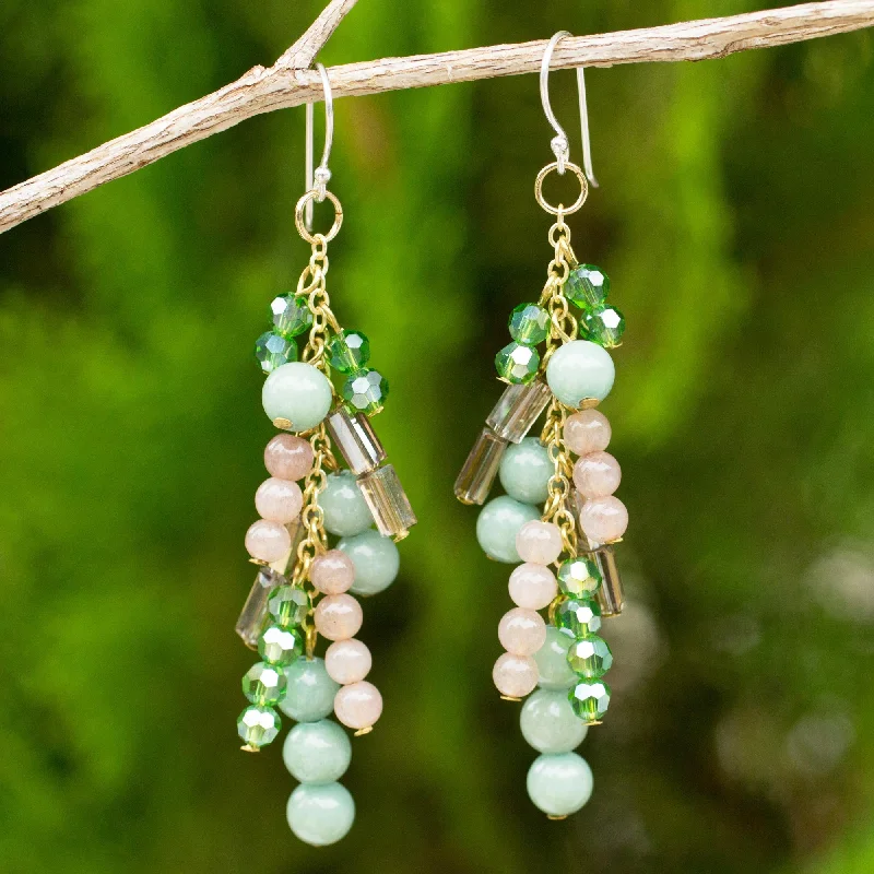 moonstone earrings for women -Brilliant Cascade Quartz and Glass Bead Waterfall Earrings in Green Shades